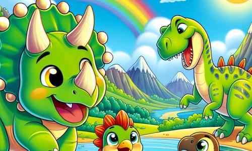Un triceratops alegre llamado Tico, con una piel verde brillante, tres cuernos coloridos y ojos amarillos llenos de curiosidad, está al borde de un lago mágico, riendo y jugando en el agua. A su lado, un estegosaurio llamado Estela, con espinas brillantes y piel marrón, se divierte salpicando agua, mientras un pequeño velocirraptor llamado Rápido, con plumas vivas y ojos traviesos, corre a su alrededor, riendo de alegría. Al fondo, la Montaña Arcoíris se alza majestuosamente, con sus laderas verdes salpicadas de flores coloridas, mientras el cielo es de un azul brillante, con nubes blancas y esponjosas. La escena captura el momento alegre en que Tico y sus amigos se divierten juntos, salpicando agua y compartiendo risas bajo el radiante sol.
