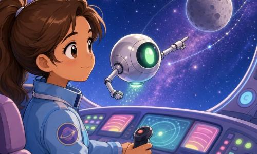 Ana, piloto, sorriso concentrado e olhos suaves, veste jaqueta azul-claro, cabelo castanho preso, mãos num joystick diante de uma janela circular do cockpit; um pequeno robô prateado flutuante em forma de esfera com dois braços e um olho verde aponta números à sua direita enquanto uma pequena lua cinzenta com crateras desliza para órbita perfeita; painel com botões coloridos e luzes, luz calma em tons pastéis e poeira estelar cintilante; Ana ajusta a trajetória da lua com gestos precisos, atmosfera serena; estilo mangá infantil: traços arredondados, olhos grandes, cores suaves e contornos nítidos.