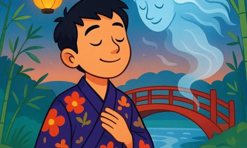 Taro, ein mittelalter Mann mit schwarzen Haaren und neugierigen Augen, steht am Ufer eines wunderschönen silbernen Flusses, sein Gesicht von einem sanften und entschlossenen Lächeln erleuchtet. Er trägt einen traditionellen Kimono mit Blumenmustern, der leicht im Wind weht. In der Nähe beobachtet ein Kami unter der ersten Brücke, ein alter Geist mit ätherischem Aussehen und schwebenden Haaren, Taro wohlwollend, sein Gesicht strahlt Weisheit aus. Der Ort ist bezaubernd: Grüne Bambusse erheben sich um die Brücken, ihre Blätter tanzen im Wind, während bunte Laternen den Weg erleuchten und eine magische Atmosphäre bei Dämmerung schaffen. Die Hauptsituation zeigt Taro, die Augen geschlossen, aufmerksam dem melodischen Gesang der ersten Brücke lauschend, während er versucht, das Geheimnis der drei Brücken zu verstehen, während der Wind die Murmeln der Geister um ihn herum trägt.