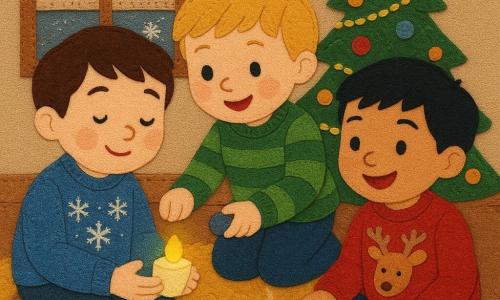 Es gibt drei Figuren: Ben, etwa 7 Jahre alt, mit braunen Haaren und roten Wangen, trägt einen blauen Pullover mit Schneeflockenmuster. Er sitzt auf einem weichen Teppich und hält eine kleine LED-Kerze in den Händen. Emil, etwa 6 Jahre alt, mit blonden Haaren und funkelnden Augen, trägt einen grünen gestreiften Pullover. Er hockt neben Ben und reicht eine runde Batterie. Leo, etwa 7 Jahre alt, mit schwarzen Haaren und strahlendem Lächeln, trägt einen roten Pullover mit Rentiermuster. Er sitzt neben Ben und beobachtet die Szene begeistert. Der Ort ist ein gemütliches Wohnzimmer. Ein großer Weihnachtsbaum, geschmückt mit bunten Kugeln und Lichterketten, steht in einer Ecke. Die Fenster sind mit Frostmustern verziert, und ein sanftes, goldenes Licht strahlt von der LED-Kerze aus, die Ben hält. Der Boden ist mit einem dicken, weichen Teppich bedeckt, und dampfende Kakaotassen stehen auf einem kleinen Couchtisch. Die Hauptszene zeigt die drei Freunde, die sich um die LED-Kerze versammelt haben, erfreut, sie gemeinsam repariert zu haben. Das sanfte Licht der Kerze erhellt ihre lächelnden Gesichter und schafft eine Atmosphäre der Freude und Kameradschaft. Die leuchtenden Farben der Pullover und der festliche Baumschmuck verleihen der Szene einen Hauch von Magie.