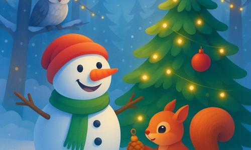 Ein kleiner Schneemann namens Fridolin, mit einer leicht schiefen Karotte als Nase und einem breiten Lächeln, steht fröhlich vor einem majestätischen Weihnachtsbaum. Neben ihm hält ein kleines Eichhörnchen namens Emil, mit rotem Fell und funkelnden Augen, eine kleine Zapfendekoration. Im Hintergrund sitzt eine weise alte Eule namens Theodor, mit grauen Federn und einem wohlwollenden Blick, auf einem Ast und beobachtet die Szene. Die Umgebung ist ein wunderschöner verschneiter Wald, in dem jeder Baum mit funkelnden Lichterketten geschmückt ist, und der Boden ist mit einer dicken Schicht makellosen weißen Schnees bedeckt. Fridolin und Emil schmücken den Weihnachtsbaum mit natürlichen Ornamenten, während das Licht der Girlanden eine warme und magische Atmosphäre um sie herum schafft.