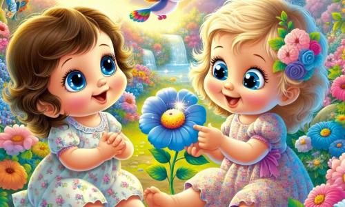 Una bambina di un anno, di nome Lilla, con grandi occhi brillanti e un sorriso radioso, è seduta in un giardino colorato, circondata da fiori vivaci. Indossa un vestito leggero a fiori e sembra incantata, tendendo la mano verso un piccolo fiore blu che brilla sotto il sole. Accanto a lei, un uccellino dai colori vivaci, curioso, si posa su un ramo, osservando Lilla con occhi scintillanti. Il giardino è un vero tripudio di colori, con fiori di tutte le tonalità, farfalle che danzano nell'aria e un cielo blu costellato di nuvole bianche. In lontananza, un ruscello scintilla, aggiungendo un tocco di magia a questo luogo incantevole. La scena principale mostra Lilla, meravigliata, mentre parla al fiore blu, che le rivela segreti sulla bontà e la magia dell'amore, creando un'atmosfera da sogno e scoperta.