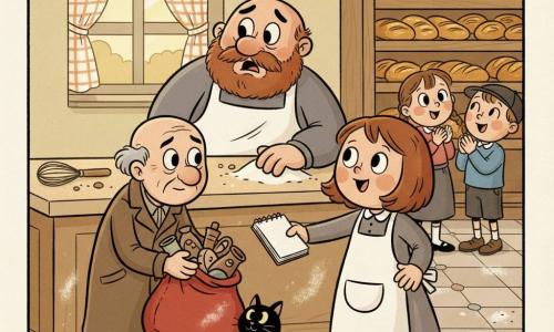 Luce, bambina detective di circa 10 anni, viso rotondo, occhi grandi e curiosi, capelli castani corti, sorridente, tiene un piccolo taccuino aperto e porge un grembiule bianco; il signor Bianchi, panettiere di circa 50 anni, con barba e volto arrossato, con il grembiule infarinato dietro un bancone di legno, appare commosso e sollevato; un uomo anziano di circa 60 anni, snello, con cappotto marrone e grande bisaccia rossa aperta, restituisce oggetti guardando timidamente Luce; Nuvola, gatta nera piccola e rotonda, è seduta vicino ai piedi dell'uomo facendo le fusa; sullo sfondo due bambini, Marta (circa 8 anni, trecce) e Giulio (circa 7 anni, con berretto), applaudono vicino a un'esposizione di pane; forneria calda e accogliente con bancone in legno chiaro, scaffali pieni di pagnotte dorate, piastrelle a terra, tendina a quadretti alla finestra e tracce di farina sul piano di lavoro; scena principale: restituzione degli oggetti rubati in un mattino dolce, atmosfera di perdono e solidarietà, luce dorata che filtra dalla vetrata, briciole e un piccolo frustino di legno sul bancone.