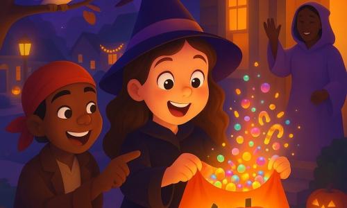 Una bambina di 8 anni, gioiosa e meravigliata, capelli castani lunghi e ricci, occhi grandi e luminosi, vestita da piccola strega con cappello appuntito viola e mantello nero con bordi arancioni, tiene una grande borsa di stoffa arancione decorata con zucche sorridenti che sembra rigonfiarsi di dolci; un suo amico di 8 anni, capelli corti castani, in costume da pirata con bandana rossa e giacca marrone, ride e indica la borsa stando leggermente dietro a sinistra; una piccola civetta bianca dagli occhi curiosi è posata su un ramo basso sopra di loro, inclinando la testa come a guidarli; una donna adulta sui 30–40 anni in una veste color lavanda sorride e saluta dalla porta di una casa illuminata sullo sfondo; ambientazione: strada residenziale di Halloween di notte con lampioni gialli, case decorate con zucche illuminate e ragnatele finte, foglie autunnali sul marciapiede e cielo viola stellato, atmosfera calda, misteriosa e gioiosa, la borsa magica trabocca di dolci colorati scintillanti.