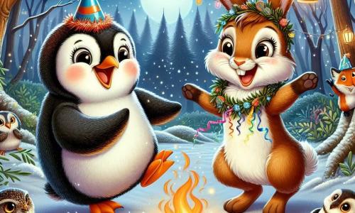 Un giovane pinguino dalle piume morbide e lucenti, con un piccolo cappello da festa in testa, esprime grande gioia ballando attorno a un falò, con gli occhi scintillanti di felicità. Accanto a lui, una lepre energica con grandi orecchie e pelliccia marrone chiaro sorride ampiamente agitando ghirlande colorate, piena di entusiasmo per la festa. Un gruppo di animali della foresta, come una volpe astuta e un gufo saggio, li osserva con espressioni di piacere ed eccitazione. La scena si svolge in una radura incantata, illuminata da lanterne scintillanti appese ai rami degli alberi, mentre la neve copre il terreno, creando un paesaggio da favola sotto un cielo stellato. Gli animali celebrano insieme il Capodanno, cantando e ballando attorno al fuoco, condividendo risate e storie, creando un'atmosfera calda e magica.