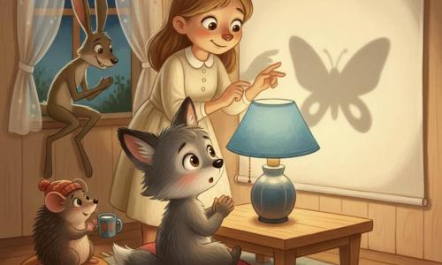 El personaje principal es un pequeño lobo infantil de pelaje gris y orejas grandes, ojos brillantes y expresión tímida y maravillada; sentado en un cojín rojo, une las manos frente a una lámpara cálida para hacer la mariposa en sombra china. La madre, una loba de aspecto dulce de pelaje crema y sonrisa tranquilizadora, está junto a la lámpara lista para ayudar, con mirada tierna. Un pequeño ratón polvoriento con ojos curiosos está sobre una pila de cojines a la izquierda y aplaude suavemente. Una eriza redondeada con gorro de lana, púa redondeada y expresión tímida sostiene una taza de leche y mira la pared‑pantalla con fascinación. Una liebre alta y delgada, de patas largas y sonrisa traviesa, está agachada junto a la ventana abierta, parcialmente iluminada por la luz exterior. El salón es una casita de madera con paredes crema, mesa baja clara, lámpara con pantalla azul que proyecta un gran círculo de luz suave en la pared; cortina ligera en la ventana, cojines coloridos y una alfombra geométrica. En la escena se ve claramente la sombra de una mariposa proyectada en la pared; la luz cálida contrasta con la penumbra acogedora, transformando el miedo a la oscuridad en un juego colectivo. Estilo gouache, trazos suaves, texturas de pincel visibles, colores cálidos, luces y sombras suaves, atmósfera reconfortante.