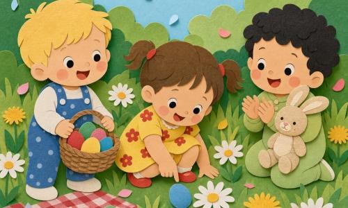 Tre bambini di 1 anno: a sinistra un bimbo biondo con capelli corti e salopette blu a pois bianchi che tiene un piccolo cesto di uova colorate; al centro una bimba bruna con codini e vestitino giallo a fiori, accovacciata a mostrare un uovo blu vicino a una margherita; a destra un bimbo dai capelli neri e ricci con body verde chiaro che tiene un coniglietto di peluche beige e applaude. Ambientazione: giardino primaverile con erba verde stile carta ritagliata, grandi margherite e soffioni, un tovagliolo a quadri rossi sull'erba, siepe verde e cielo azzurro pallido. Situazione: caccia alle uova di Pasqua, i bambini sorridono e si scambiano uova colorate (rosso, giallo, blu, verde), petali e coriandoli di carta fluttuano nell'aria, luce mattutina morbida, atmosfera gioiosa e tranquilla.