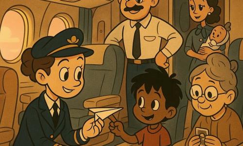 Una joven piloto de unos 28 años, cabello castaño recogido en moño y uniforme azul marino con galones dorados, se arrodilla en el pasillo para recibir con ternura un avioncito de papel que le entrega Tomás, un niño de 5–6 años de cabello negro y sonrisa tímida, sosteniéndolo entre pulgar e índice; al fondo, Mateo, el copiloto de unos treinta con bigote fino, apoya la mano en la puerta del cockpit y observa divertido, mientras Ana, azafata de unos 30 años con uniforme claro y cofia retro, camina por el pasillo con un biberón; una pasajera mayor con cabello gris en moño y gafas redondas sonríe desde el asiento vecino sosteniendo una foto; el interior muestra asientos crema, cortinas azules, ventanillas con cielo rosa pálido, iluminación cálida y compartimentos superiores con maletas; escena tierna tras el embarque, luz dorada entrando por las ventanillas y composición centrada en el intercambio del avioncito, estilo cartoon retro de líneas curvas y colores saturados.