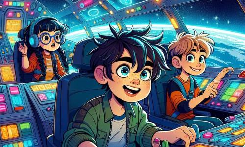 A young boy named Leo, about 12 years old with messy brown hair and sparkling curious eyes, sits in the cockpit of a futuristic spaceship. His face shows excitement mixed with slight stress as he looks at a bright screen filled with colorful buttons. Next to him, a girl named Jun, 11 years old with braided black hair and round glasses, points at a navigation screen, her expression focused and determined. Another boy, Alex, also 12, with blonde hair and a mischievous smile, adjusts controls on his own dashboard, ready to help. The cockpit is filled with bright lights and sparkling control panels, with large windows offering a spectacular view of the starry space and the blue Earth in the background. The main scene shows Leo and his friends preparing to choose their route to Andromeda, surrounded by an atmosphere of excitement and adventure as the spaceship vibrates slightly, ready to launch into the unknown.