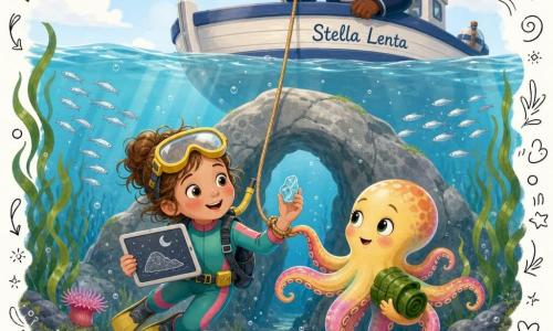 Lia, bambina di 6 anni, occhi grandi e sereni, in muta colorata e maschera con bordo giallo, fluttua vicino a una roccia tenendo una piccola tavoletta liscia con il disegno di una roccia e di una luna e un pezzetto di vetro di mare blu; Timo, il piccolo polpo amico dal corpo rotondo e tentacoli flessibili che cambiano colore (giallo pallido, rosa, arancione), è accanto a Lia arrotolando un’alga verde e appoggiando un tentacolo sulla corda al polso di Lia in segno d’amicizia; lo zio Nino, uomo di circa 50 anni con barba brizzolata e giacca da marinaio, sta sulla piccola barca "Stella Lenta" in superficie con una corda in mano, osservando benevolo; luogo: un giardino sottomarino luminoso con archi di roccia liscia, alghe ondeggianti, anemoni rosa e banchi di piccoli pesci argentati, raggi di luce blu che filtrano; situazione: Lia scopre lo "Scoglio Luna" — una roccia con una macchia bianca a forma di luna — e scrive il suo nome sulla tavoletta senza toccare gli animali mentre Timo le offre l’alga, atmosfera dolce, curiosa e rispettosa.