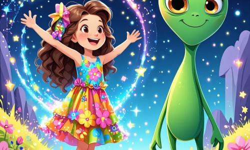 In the center of the image, a 5-year-old girl named Lily stands with a big, amazed smile. She has long, curly brown hair, sparkling curious eyes, and wears a colorful flower-patterned dress. She raises her arms in the air, as if ready to dance, surrounded by an aura of joy. Beside her, an alien named Zog, tall and blue with star-shaped sparkling eyes, leans slightly forward with a friendly smile. He wears a shiny silver suit that glimmers under the starlight and gestures welcomingly towards Lily. The setting is a fantastical landscape of Zogtonia, with a purple sky dotted with bright stars and vividly colored flowers floating around them. In the background, a luminous lake sparkles like diamonds, and trees with multicolored leaves sway in a gentle breeze. The scene captures the magical moment as Lily and Zog prepare to celebrate their friendship amidst the incredible beauty of Zogtonia, with Whimsybirds joyfully singing above them.