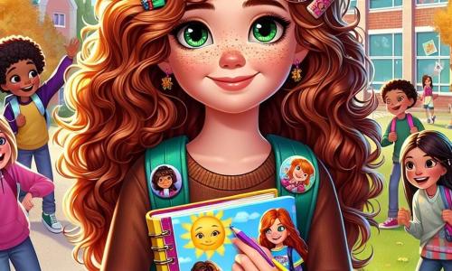 An 11-year-old girl, Marigold, stands at the center of the image, with a cascade of curly auburn hair, freckles on her face, and sparkling green eyes filled with excitement and apprehension. She carries a colorful backpack adorned with book character badges and smiles shyly at the group of children around her. To her right, Sophia, also 11, with bright blue glasses and brown hair, warmly smiles while holding a sketchbook. She is drawing a sunny landscape on a page, adding vibrant colors with crayons. In the background, the scene is set in a lively schoolyard, surrounded by tall trees with golden leaves and a welcoming school building with colorful windows and welcome posters on the walls. Children are playing and laughing, creating a joyful and dynamic atmosphere. The main focus shows Marigold and Sophia happily discussing with new friends as they share their dreams and ideas for a creative club at school, illustrating the excitement and friendship that emerge with the start of the school year.