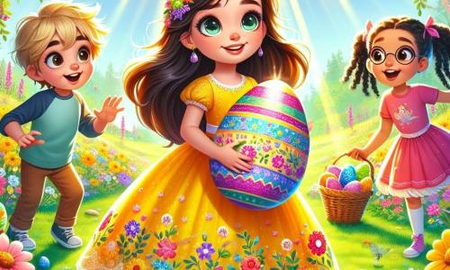 O fată de 10 ani, Irina, cu părul lung și brunet și ochi strălucitori de curiozitate, stă în mijlocul unei poienițe luminoase, înconjurată de flori colorate. Poartă o rochie galbenă strălucitoare, decorată cu motive florale, și zâmbește cu uimire ținând un ou de Paște uriaș, decorat cu culori vii. Lângă ea, prietenul ei Andrei, un băiat de 9 ani cu părul blond în dezordine și ochelari rotunzi, privește oul cu ochii mari, cu mâinile pe șold, plin de entuziasm. Mai departe, Maria, o altă prietenă de 10 ani cu împletituri negre și un tricou roz, se apropie alergând, cu un coș plin de ouă colorate în mână, pregătită să împărtășească descoperirea ei. Decorul este o poiană însorită, plină de flori strălucitoare de toate culorile, cu raze de soare care filtrează prin crengile copacilor, creând o atmosferă magică și veselă. Situația principală arată cum Irina și prietenii ei descoperă un ou de Paște uriaș, simbol al aventurii lor, în timp ce un iepuraș jucăuș îi observă din spatele unui arbuște, adăugând o notă de mister și magie acestui moment festiv.