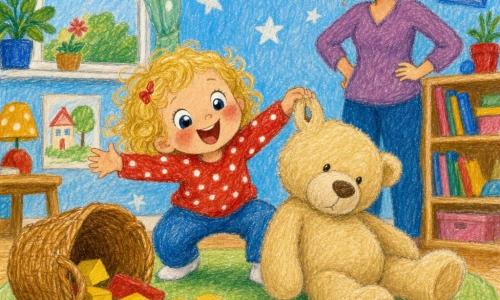 Ein fröhliches, dynamisches Bild: ein zweijähriges Mädchen mit rundem Gesicht, rosigen Wangen und blonden Locken hockt und zieht ein großes beiges Kuscheltier am Ohr (kleines Loch sichtbar), trägt roten Pullover mit weißen Punkten und blaue Hose; die etwa 30-jährige Mutter mit kastanienbraunem Pferdeschwanz steht dahinter mit liebevollem Blick und Händen in der Hüfte; ein umgefallener geflochtener Spielzeugkorb mit gelben und roten Holzbausteinen, heller Raum mit hellgrünem rundem Teppich, blassblauen Wänden mit weißen Sternen, Holzregal mit bunten Büchern und Fenster zum sonnigen Himmel; die Szene zeigt die kleine „Detektivin“ beim freudigen Wiederfinden ihres Teddys, lachend, triumphierend, in kräftigen Farben und dicken Buntstiftstrichen kindlich dargestellt.