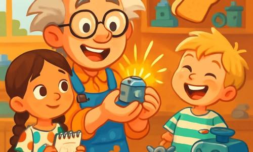 An inventor named Mr. Tinker, with messy hair and round glasses, smiles enthusiastically while holding a shiny little device in his hands. He wears a blue overalls stained with paint and jam, and his face expresses sparkling joy and overflowing curiosity. Next to him, an eight-year-old girl named Maya, with braided brown hair, watches with wide eyes, holding a small sketchbook. She wears a colorful polka dot dress and seems fascinated by the invention. A seven-year-old boy named Ben, with messy blonde hair and a striped t-shirt, laughs while trying to catch a slice of toast flying above his head. The scene takes place in a bright workshop filled with whimsical machines, metal boxes, and small tools scattered across a large wooden workbench. Sunlight filters through a window, illuminating shelves loaded with jars of screws and colorful gears. The main situation shows Mr. Tinker presenting his invention, the 