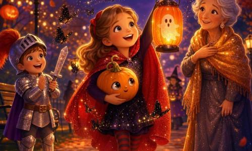 Noor, een stralend en blij 6-jarig meisje in een rood glinsterende cape, houdt hoog een oranje lantaarn met een tekening van een spookje en kijkt verwonderd, terwijl Pom, een klein oranje pompoentje met glanzende steentjes als ogen, in haar armen zit en lichtjes trilt van magie; Sam, een ongeveer 6-jarige jongen als zilveren riddertje, staat links, klapt en houdt een glinsterend plastic zwaard; rechts staat een elegante oude vrouw van ongeveer 70 met een grote glanzende sjaal en een paillettenjurk, emotioneel glimlachend met haar hand op de jurk; het nachtpark met herfstbladeren en kasseipad is verlicht door slingers lantaarns in de bomen die zacht oranje licht uitstralen; belangrijkste situatie: Halloweenparade bij schemering, Noor loopt onder een regen van kleine zwarte vlinders met gouden stippen die om haar en Pom dwarrelen, warme sfeer, verzadigde herfstkleuren, zachte contrasten en zichtbare glinster- en steentexturen voor een kinderlijke, magische uitstraling.