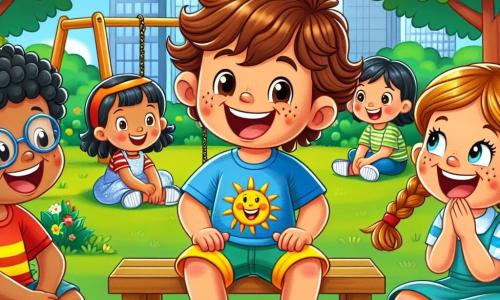 Um menino de 6 anos, Lucas, com cabelos castanhos e cacheados, sorrindo, está sentado em um balanço de madeira em um parque. Ele usa uma camiseta azul com um desenho de sol e um short amarelo, expressando alegria. Ao lado dele, sua melhor amiga Ana, uma menina de 6 anos com cabelos loiros trançados, está sentada na grama, rindo e contando uma história, com os olhos brilhando de excitação. Um pouco mais longe, Pedro, um menino de 6 anos com óculos e cabelos pretos, está de pé, de braços cruzados, ouvindo atentamente, enquanto Sofia, uma menina de 6 anos com cabelos ruivos e sardas, está deitada de costas, rindo muito. O parque é cheio de árvores verdes, flores coloridas e uma grama bem cuidada, com um céu azul e algumas nuvens brancas. Ao fundo, há um escorregador colorido e outras crianças brincando. A cena principal mostra Lucas e seus amigos compartilhando histórias engraçadas e risadas, ilustrando a importância da amizade e a alegria de passar tempo juntos, mesmo em dias nublados.