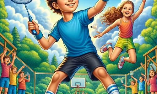 A 10-year-old boy named Oliver stands on a badminton court, beaming with a smile. He has messy brown hair, sparkling determined eyes, and wears a bright blue t-shirt and black shorts. He is holding his badminton racket, ready to hit the shuttlecock flying towards him. Next to him, his best friend Mia, also 10, is jumping for joy. She has long curly hair and is wearing a pink tank top and yellow shorts. Slightly behind, she raises her arms to cheer for Oliver. The outdoor badminton court is surrounded by greenery, with majestic trees in the background and a blue sky dotted with white clouds. The light wooden floor has enthusiastic spectators in the background, clapping and smiling. The main scene shows Oliver preparing to hit the shuttlecock with his racket while Mia encourages him with a big smile, creating an atmosphere of camaraderie and excitement on the court.