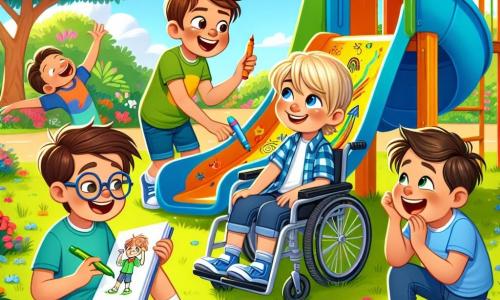 Într-un parc însorit, patru băieți sunt adunați în jurul unei scaun colorat și luminos. Andrei, un băiat blond de 10 ani cu ochelari rotunzi, stă pe iarbă cu un carnet de schițe în mână, desenând idei pentru proiectul lor. Alex, un băiat brun de 9 ani cu un zâmbet jucăuș, se află în picioare lângă el, râzând și făcând gesturi exagerate ca și cum ar povesti o glumă. David, un băiat cu părul castaniu de 10 ani, este așezat lângă scaun, ținând markere colorate, gata să adauge desene amuzante. Mihai, un băiat de 11 ani pe un scaun cu rotile, este în centrul atenției, pregătit să testeze scaunul pe care l-au construit împreună. Parcul este plin de flori colorate, copaci verzi și o peluză bine întreținută, sub un cer albastru cu câteva nori pufoși. Scena îl arată pe Mihai pregătindu-se să facă o cursă cu scaunul, în timp ce Alex se face că fuge de 