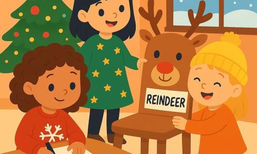 There are three characters: Mia, a 3-year-old girl with curly brown hair, wearing a red sweater with snowflakes, drawing a reindeer on a piece of paper; Lily, a 3-year-old girl with straight black hair, wearing a green dress with golden stars, looking at the word "REINDEER" on a label stuck to a chair; and Rose, a 3-year-old girl with soft blonde hair, wearing a yellow hat and laughing while hugging the chair that has become a "reindeer." The setting is a cozy little room filled with soft light. A large Christmas tree sparkles in the corner, decorated with shimmering garlands and colorful baubles. On the table, colored pencils and sheets of paper are scattered, while a plate of warm cookies gives off a sweet aroma. The window is covered in snowflakes, creating a winter atmosphere. The main scene shows the three girls laughing and playing around a chair transformed into a "reindeer" by a magical label. They enjoy imagining stories with their new "reindeer," creating a joyful and magical Christmas atmosphere.