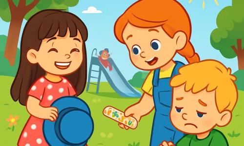 There are 3 characters: - Lily: a 5-year-old girl with long brown hair, wearing a pink dress with white polka dots. She is cheerful and smiling, holding her blue hat in her hands. - Ben: a 5-year-old boy with messy blonde hair, wearing a green t-shirt and denim shorts. He is sitting on the ground, a bit sad, rubbing his knee. - Emma: a 5-year-old girl with braided red hair, dressed in blue overalls and a yellow t-shirt. She is standing next to Ben, showing him a colorful band-aid with dinosaurs. The scene takes place in a large green park filled with colorful flowers and majestic trees. The sky is bright blue, and the sun is shining, casting soft shadows on the grass. A shiny metal slide can be seen nearby, surrounded by children playing and laughing. The main situation shows Lily, Ben, and Emma sharing a moment of friendship. Lily has just found her blue hat, while Emma helps Ben get up after his fall. The three children are smiling, illustrating the joy of friendship and mutual support.