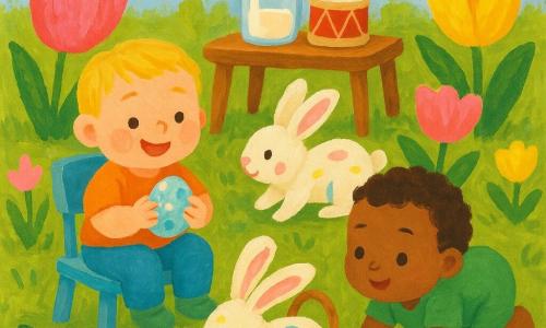 Three characters: a 2-year-old blond boy with rosy round cheeks sitting left on a small blue seat smiling and holding a light-blue painted Easter egg, a 1-year-old curly-brown boy in a short-sleeve green onesie crawling right with a hand reaching for a pink egg on a leaf, and a small white rabbit with pink inner ears and pastel paint spots centered behind them gently hopping toward a wicker basket. Sunny garden with textured green lawn, large colorful flowers (pink and yellow tulips), broad-stroked grasses, a small wooden table holding a glass jar and red toy drum, and a pale blue sky with fluffy clouds. Calm joyful Easter egg hunt with soft colors, rounded forms, visible gouache strokes, warm safe atmosphere.