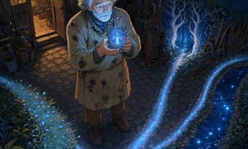An older man, Elias, with a gentle, lined face and messy gray hair wears a soot-stained beige work smock and holds a small blue glass lantern like a cup with a braided silver handle; a cornflower-blue flame flickers inside, casting cool reflections on his face as he gazes at it with wonder and concentration. A distant crescent moon is half-hidden by clouds above a cobbled alley before a wooden workshop with small-pane windows, stacked tools and metal fragments; three luminous paths begin at his feet—one glittering with dew, one vanishing into a grove of white-barked twisted trees, and one following a river that mirrors the stars. Elias hesitates at the start of the three glowing paths, the warm tones of the workshop contrasting with the cool blues of the lantern and paths, rendered in clear-line style with detailed textures.