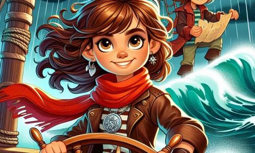 In the foreground, a young pirate woman, Captain Mina O’Malley, stands proudly at the helm of her ship, the Lucky Luna. She has flowing brown hair, a mischievous smile, and sparkling eyes full of determination. She wears a bright red scarf and a worn leather jacket, with a shining sword at her belt. Beside her, Patch, her 12-year-old first mate, is tall and a bit clumsy. He has tousled blonde hair and a worried look, holding a treasure map in his hands, leaning towards Mina. Dotty, a 9-year-old girl with braids and an oversized pirate hat, climbs the mast, her eyes shining with excitement as she scans the horizon. The backdrop is a tumultuous sea, with raging waves and a stormy sky where dark clouds gather in the distance. The ship is surrounded by twinkling starlights beginning to appear, contrasting with the threatening darkness. The main scene shows Mina and her crew preparing to confront another pirate ship, with palpable tension in the air. Their faces are determined, ready to defend their treasure and embark on another thrilling adventure.