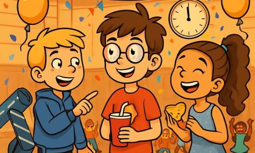There are 3 characters: Noah, an 11-year-old boy with messy brown hair and round glasses, wearing a red t-shirt with a funny logo and jeans, standing in the center, smiling and holding a soda cup. Max, an 11-year-old boy with blond hair and freckles, is to the left of Noah, pointing at a large confetti machine while wearing a blue hoodie and black pants. Maya, a 10-year-old girl with long curly hair in a ponytail, is to the right of Noah, laughing and holding a slice of pizza, dressed in a sparkling silver dress and ballet flats. The main setting is a large gym decorated for a New Year's party, with colorful streamers hanging from the ceiling, golden balloons floating in the air, and a large banner saying "Happy New Year!" on the wall. The floor is covered in multicolored confetti, and a big clock shines above a stage where children are dancing joyfully. The main situation shows Noah, Max, and Maya surrounded by their friends, ready to launch the confetti cannon just before midnight, with palpable excitement as all the children laugh and move eagerly to celebrate the New Year with flair and joy.