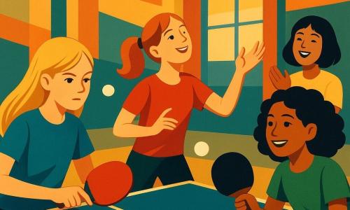 There are 4 children: Lucy, a 10-year-old girl with long blonde hair, wearing a blue t-shirt, stands on the left of the image, focused, holding a ping-pong paddle. Mia, a 10-year-old girl with curly brown hair, wearing a green t-shirt, is to the right of Lucy, smiling, ready to hit the ball. Emma, a 10-year-old girl with red hair in a ponytail, wearing a red t-shirt, is in the center, tossing a ping-pong ball in the air. Sophie, a 10-year-old girl with black bobbed hair, wearing a yellow t-shirt, is in the background, clapping enthusiastically for her friends. The setting is a bright, spacious room in a community center, with colorful walls and windows letting in sunlight. In the center of the room, there is a shiny ping-pong table with crisp white lines. The main scene shows the girls playing ping-pong, exchanging the ball with energy and joy. The atmosphere is dynamic and friendly, with expressions of concentration and enjoyment on their faces. White ping-pong balls fly through the air, capturing the movement and excitement of the game.