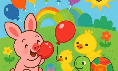 Um pequeno porquinho rosa, Coelhinho Tico, com grandes orelhas e um sorriso radiante, está enchendo um balão vermelho brilhante, seu rosto irradiando alegria e excitação. Ao seu lado, um pássaro amarelo vivo, Passarinho Piu, com penas fofas e olhos brilhantes, segura uma corda de balão com o bico, exibindo uma expressão de entusiasmo. Uma tartaruga verde, Tartaruga Lili, com uma carapaça colorida e um olhar amigável, observa os dois amigos sorrindo, pronta para ajudá-los. A cena se passa em um prado verdejante, salpicado de flores multicoloridas, sob um céu azul claro, onde o sol brilha alegremente. No centro da imagem, balões de todas as cores flutuam suavemente, criando um arco-íris vibrante acima dos personagens. Tico, Piu e Lili estão se preparando para uma caça aos ovos de Páscoa, cercados de ovos decorados que se escondem entre as flores e a grama.