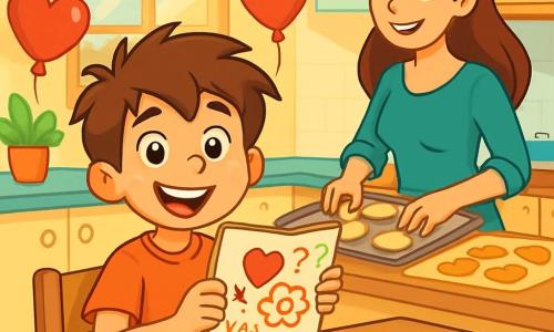 Um garoto de 8 anos, chamado João, com cabelos castanhos bagunçados e olhos brilhantes de curiosidade, está sentado a uma mesa de madeira em uma cozinha iluminada. Ele sorri entusiasmado, segurando um caderno cheio de desenhos e perguntas, pronto para compartilhar seu quiz de Dia dos Namorados com os amigos. Ao seu lado, sua mãe, uma mulher sorridente na casa dos trinta anos, com cabelos longos e castanhos, prepara biscoitos em forma de coração na bancada, acrescentando um toque acolhedor ao ambiente. A cozinha é decorada com guirlandas coloridas e balões em forma de coração, com raios de sol filtrando pela janela, iluminando o espaço com uma luz dourada. A cena principal mostra João, cheio de energia e alegria, explicando seu quiz de Dia dos Namorados aos amigos, cercado de risos e sorrisos, enquanto revela cartões de agradecimento coloridos, criando uma atmosfera festiva e amigável.