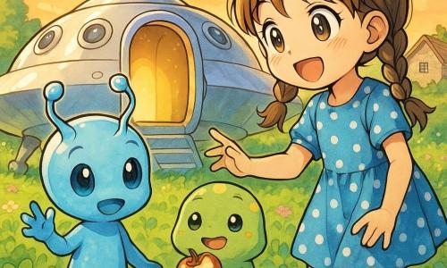 Clara, una niña de 8 años, sonríe maravillada mientras ofrece una manzana a dos pequeños extraterrestres: Zog, azul con antenas y gesto amistoso, y Zib, verde y regordete, curioso; junto a una pequeña nave espacial plateada con la puerta abierta, en una pradera de tréboles con flores, una casita de piedra al fondo y un cielo dorado de atardecer; escena de primer encuentro tierno y curioso, iluminación suave, colores saturados y rasgos expresivos estilo manga.