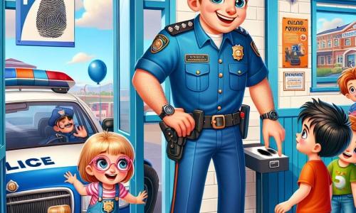Un polițist pe nume Andrei, zâmbitor și entuziast, poartă un uniformă albastră strălucitoare cu o șapcă. Are părul brunet și ochii strălucind de bucurie, stând în fața unei uși mari a stației de poliție. Lângă el, o fetiță de 8 ani, Ana, cu părul blond și ochelari roz, privește fascinată mașina de poliție, cu ochii mari. Un băiat de 9 ani, Vlad, cu părul șaten și purtând un tricou roșu, se apropie curios de trusa de amprente, în timp ce un alt băiat, Matei, de 10 ani, cu părul negru și un zâmbet ștrengar, încearcă să urce în mașina de poliție. Locul este o stație de poliție modernă, cu pereți albi și afișe colorate despre siguranța rutieră. Balonase albastre plutesc în aer, iar o mare banner anunță "Ziua Porților Deschise". Situația principală arată cum Andrei le explică copiilor importanța siguranței, în timp ce aceștia descoperă cu uimire diferitele activități propuse, cum ar fi demonstrația radio și explorarea mașinii de poliție.