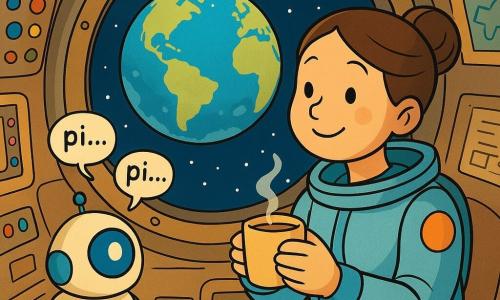 Uma astronauta chamada Lila, sorridente e doce, sentada junto a uma grande janela redonda — rosto arredondado, pele clara, olhos brilhantes, cabelo preso em coque — segurando uma pequena xícara quente; ao lado, um robô companheiro pequeno e arredondado, creme e azul-céu, com um olho luminoso e amigável que emite pequenos 