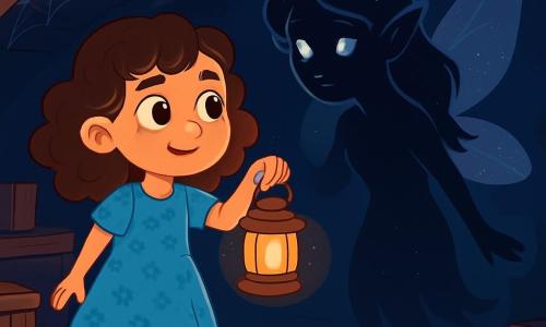 O fetiță de 8 ani, Ilinca, cu părul castaniu și creț, ochi mari și curioși și un zâmbet hotărât, stă în mijlocul unei poduri vechi și prăfuite, ținând o lanternă care îi luminează fața cu o lumină blândă și caldă. Poartă o rochie albastră cu flori, ușor șifonată, care contrastează cu întunericul din jur. Lângă ea, o umbră misterioasă ia formă, reprezentând o veche zână, cu ochi strălucitori ca stelele și aripi translucide care sclipesc în lumina lanternei. Ea plutește ușor deasupra solului, privindu-o pe Ilinca cu un amestec de tristețe și speranță. Podul este plin de cutii de lemn vechi, jucării uitate și pânze de păianjen care atârnă din grinzi. Razele de lună filtrează prin fantele acoperișului, creând modele luminoase pe podeaua de lemn uzat. Situația principală o arată pe Ilinca, cu un aspect curioasă și curajos, apropiindu-se de umbră, pregătită să descopere secretul ascuns al podului, în timp ce atmosfera este atât misterioasă, cât și magică, plină de promisiuni de aventuri și revelații.