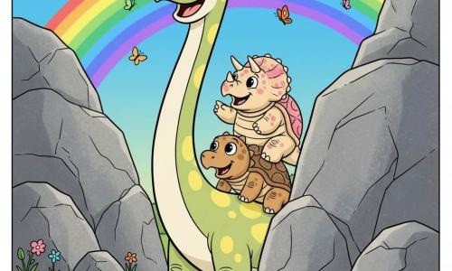 Dido, een langnek-diplodocus, vrolijk en verwonderd, lichtgroen met gele vlekken, strekt zijn nek om door een klein gat tussen twee grote grijze rotsen te kijken; Trixie, een mollige, opgewekte triceratops met korte hoorns en een beige schild met roze vlekken, zit op Dido's rug en wijst met haar snuit naar de lucht; Bob, een verlegen ankylosaurus met een bruin platenpantser en een kleine knotsstaart, staat ook op Dido's rug, glimlachend en stevig neerpendelend. Voorgrond: zacht groen gras, gekleurde bloemetjes en een glinsterend beekje; door het gat zie je een verzadigde regenboog en kleurrijke vlinders, warme namiddagslicht en zachte schaduwen — een vredige, vrolijke scène met ronde silhouetten, gecentreerd op Dido en het lichte gat.