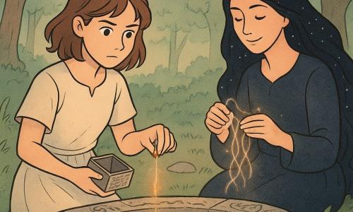 Marė, een jonge vrouw met kastanjebruin haar en nieuwsgierige ogen, staat bij een heldere lichtbron met een zachte vastberadenheid op haar gezicht. Ze draagt een eenvoudige linnen jurk en houdt een klein metalen doosje open in haar handen. Naast haar zit Laima, een vrouw met een wijze uitstraling en donker haar dat glinstert als een sterrennacht, bij de bron en houdt lichtgevende draden tussen haar vingers. De bron is omgeven door stenen met oude patronen en het water is zo helder dat het de sterrenhemel weerkaatst. De scène speelt zich af in een open plek die baadt in zacht licht, waar de omringende bomen stil lijken toe te kijken. Marė staat op het punt een gloeiend kooltje in het water te laten vallen, een moment van kalmte en magie dat in de lucht hangt.