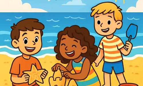 Un niño de 10 años, llamado Marcos, con cabello castaño y ojos llenos de curiosidad, está sentado en la arena dorada de la playa, sonriendo y sosteniendo una estrella de mar de arena que ha hecho. A su lado, una niña de 10 años, Lucía, con cabello rizado y un vestido colorido, decora un castillo de arena con conchas, riendo alegremente. Un niño de 10 años, Pedro, con cabello rubio y una camiseta a rayas, está de pie sosteniendo una pequeña pala, listo para construir una nueva torre para el castillo. Al fondo, el mar se extiende a lo lejos, con olas brillantes bajo el sol radiante y gaviotas volando en el cielo azul. La escena muestra a los niños creando juntos un hermoso castillo de arena, rodeados de risas y felicidad, simbolizando la amistad y la aventura veraniega.