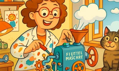 Eine fröhliche Frau, Frau Flitze, mit lockigem Haar und runden Brillen, bastelt in ihrem hellen Atelier. Sie trägt einen bunten Kittel, der mit Farbklecksen bedeckt ist, und lächelt begeistert, umgeben von verschiedenen Werkzeugen und Materialien. Neben ihr sitzt ihr neugieriger Kater, Professor Purzel, ein großer getigerter Kater mit funkelnden grünen Augen, auf einer Werkzeugkiste. 

Das Atelier ist voller skurriler Kreationen: seltsame Maschinen, Regale, die mit Büchern überquellen, und Wände, die mit bunten Zeichnungen dekoriert sind. In der Mitte steht ein großer Arbeitstisch, der mit Teilen aller Art bedeckt ist, während ein offenes Fenster Sonnenlicht hereinlässt und Wolken aus Baumwolle draußen schweben. 

Frau Flitze baut ihre Fluffel-Maschine zusammen, eine unglaubliche Erfindung, die alles, was sie berührt, weich und fluffig machen soll. Lachen und Geräusche des Bastelns erfüllen die Luft, während ein kissenförmiges Wolkenkissen gerade aus dem Fenster geflogen ist und der Szene einen humorvollen Touch verleiht.