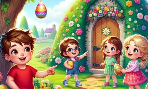 In un giardino magico di Pasqua, quattro bambini sono riuniti. Marco, un ragazzo di 8 anni con i capelli castani disordinati e una maglietta rossa, sta indicando una piccola porta di legno decorata con fiori. Accanto a lui, Sara, una bambina di 7 anni con i capelli biondi intrecciati, guarda con meraviglia, i suoi occhi brillano di curiosità. Più lontano, Luca, un ragazzo di 9 anni con occhiali e capelli castani, ride tenendo un grande uovo colorato tra le mani. Infine, Chiara, una bambina di 6 anni con due codini e un vestito rosa, si avvicina a un cespuglio fiorito, pronta a scoprire una sorpresa nascosta. Il giardino è pieno di fiori vivaci di tutti i colori, con alberi carichi di frutti e uova di Pasqua brillanti nascoste ovunque. Al centro, un grande prato verde si estende sotto un cielo blu chiaro punteggiato di nuvole bianche e soffici. I bambini sono in piena caccia alle uova, scoprendo uova magiche che liberano colori e luci, mentre un allegro coniglio, il Coniglio Pasquale, li osserva con un sorriso benevolo.
