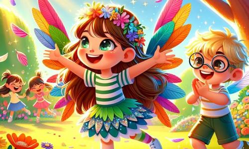 Una niña de 8 años, Lucía, con largos cabellos castaños y ojos brillantes de alegría, lleva alas de papel colorido, hechas de plumas y purpurina. Sonríe con entusiasmo, con los brazos abiertos, como si estuviera lista para volar. A su lado, su amigo Carlos, un niño de 8 años con cabello rubio y gafas redondas, aplaude con una gran sonrisa, también con alas improvisadas de hojas. Están en un parque soleado, lleno de flores coloridas, árboles verdes y un cielo azul brillante, jugando alrededor de un gran árbol con otros niños, todos riendo y corriendo con sus alas. La escena muestra a Lucía y sus amigos disfrutando juntos, imaginando que vuelan en el cielo, llenos de felicidad y energía, creando un momento mágico de camaradería y creatividad.