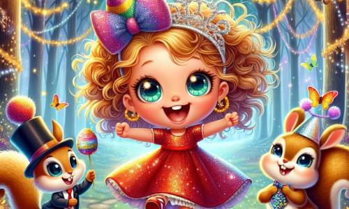 Una niña de 4 años, llamada Lucía, con cabello rizado y dorado, lleva un vestido rojo brillante. Tiene ojos llenos de curiosidad y una gran sonrisa, saltando de alegría en un claro de un bosque encantado. A su lado, un pequeño conejo juguetón, con un sombrero de fiesta negro y una corbata colorida, la mira con ojos traviesos. Un poco más lejos, una ardilla traviesa, con un lazo colorido alrededor del cuello, sostiene una nuez brillante, lista para compartirla con Lucía. El lugar es un claro mágico, rodeado de árboles majestuosos con hojas doradas y plateadas, iluminado por luciérnagas que bailan en el aire, creando una atmósfera de cuento de hadas. La escena principal muestra a Lucía y sus nuevos amigos animales celebrando alegremente el Año Nuevo, rodeados de guirnaldas coloridas y confeti, mientras hacen un deseo juntos para el año venidero.