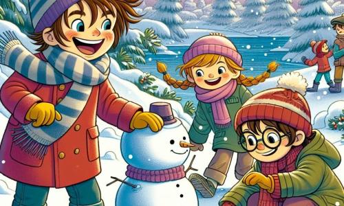 Een 5-jarig jongetje, Max, met rommelig bruin haar en door de kou rozige wangen, lacht luid terwijl hij een sneeuwbal de lucht in gooit. Hij draagt een grote rode jas, een blauwe sjaal en een paar gele handschoenen, en zijn gezicht straalt aanstekelijke vreugde uit. Naast hem staat Lotte, een 5-jarig meisje met lange, gevlochten blonde haren, die glimlacht terwijl ze sneeuw verzamelt om een sneeuwbal voor hun sneeuwman te maken. Ze is gekleed in een roze jas en een paarse muts, en staat iets op de achtergrond, maar is klaar om mee te doen. Finn, een 5-jarig jongetje met kastanjebruin haar en ronde bril, zit op de grond bij de sneeuw en zoekt stenen voor de ogen van de sneeuwman. Hij draagt een groene jas en een gestreepte sjaal, en zit vlakbij Max, die zijn enthousiasme deelt. De achtergrond is een betoverend winterlandschap: majestueuze bomen bedekt met glinsterende sneeuw, zachte heuvels en een helderblauwe lucht vol zacht vallende sneeuwvlokken. In de verte zijn huizen met besneeuwde daken te zien, wat een warme en magische sfeer creëert. De hoofdactie toont Max, Lotte en Finn die samen een sneeuwman bouwen, lachend en spelend in de verse sneeuw, omringd door de vredige schoonheid van de winter.