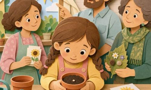 A 6-year-old girl with a round freckled face and chestnut pigtails smiles with bright curious eyes as she holds a small terracotta pot and leans to examine a tiny seed on dark potting soil; her father (about 35) with a gentle face and light beard, sleeves rolled, stands behind her to the right pointing toward the morning light, her mother (about 33) with tied-back hair in a pastel dress stands left by the windowsill holding a small seed packet illustrated with a sunflower, and Aunt Lila (about 50) stands slightly back wearing a green scarf and holding a sheet of nature-treasure drawings while smiling at the girl, all in a sunlit kitchen interior with a light wood windowsill, a moving sheer curtain, an extra pot, colorful small seed envelopes and children’s drawings on the table—the scene centers on the hands, pot and seed in a calm hopeful moment, with crisp paper-cut textures, soft spring colors (mint, pale yellow, pink), soft shadows and well-defined contours.