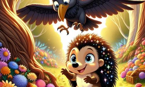 Um pequeno ouriço chamado Pipo, com espinhos brilhantes como estrelas e olhos curiosos, está no centro da cena, com um grande sorriso no rosto, procurando um livro perdido em uma floresta encantada. Ao lado dele, uma majestosa coruja, a Coruja Sabida, com grandes penas marrons e óculos redondos no nariz, voa acima de Pipo, parecendo preocupada mas grata, apontando com o bico para um monte de flores coloridas. A floresta é cheia de árvores de troncos retorcidos e folhagens densas, banhadas por uma suave luz dourada, com flores vibrantes que dançam ao vento. A cena principal mostra Pipo e a Coruja em busca entusiasmada entre as flores, enquanto um raio de sol ilumina o livro cintilante escondido nos pétalas.