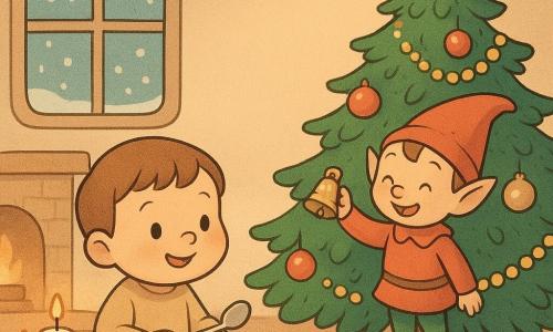 Pip, a toddler with round cheeks and short hair, looks delighted and smiling as he taps a cup with a small silver spoon; Jolly, a small elf with pointed ears and a red cap, stands on a low branch to Pip’s right, facing him and gently shaking a tiny golden bell; Pip sits on a fluffy rug beside a large, full Christmas tree decorated with shiny baubles, gold garlands and a sparkling star, in a warm room with a low fireplace glow, candles and a frosted window with falling snow; pastel warm colors, soft lighting, fuzzy textures and rounded outlines in a simple friendly illustrative style, a quiet tender moment of spoon-on-cup and bell-tinkling sounds around the tree.