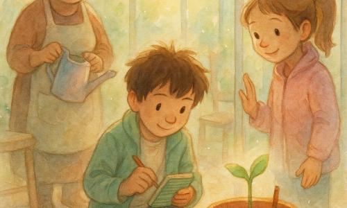 Ci sono tre personaggi: Milo, ragazzo di 9 anni con capelli castani spettinati e giacca verde leggera, in ginocchio al centro vicino al vaso con un piccolo quaderno a righe e una matita, osserva il germoglio; Lea, bambina di 9 anni con coda di cavallo e sorriso curioso, in piedi a destra del vaso con la mano quasi appoggiata al vetro della serra, indossa un giubbotto rosa pallido; Signora Rina, donna di circa 60 anni con capelli grigi raccolti e grembiule beige, tiene in mano un annaffiatoio pastello e sta a sinistra, leggermente indietro, sorridente e protettiva; luogo: una stanza vetrata luminosa con pareti e tetto in grandi pannelli di vetro, pavimento in assi di legno chiare, mobili semplici, raggi di sole caldi che creano riflessi dorati; al centro un vaso in terracotta su un bordo luminoso, terra scura e umida e un piccolo tutore di legno accanto al giovane germoglio; situazione: i tre osservano insieme la nascita di un piccolo germoglio verde in una scena primaverile intima e tranquilla, luce dorata, ombre leggere, gocce d'acqua sul terreno, espressioni meravigliate, composizione concentrata sul vaso e sul germoglio con i personaggi disposti a semicerchio e palette di colori pastello.