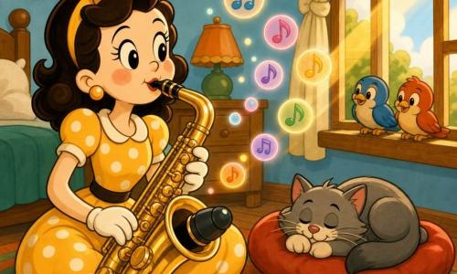 A happy, focused woman smiles softly with bright round eyes and rosy cheeks, wearing a yellow polka-dot dress and holding a shiny golden saxophone against a red cushion; a small gray sleeping cat curls on the cushion beside her. The sunny small room has pale blue walls, an orange-and-green striped rug, and an open window letting in golden rays with birds drawn on the sill. She sits cross-legged on the floor, playing the saxophone with a small black mute on the bell as colorful rounded musical notes float in the air like glowing bubbles.
