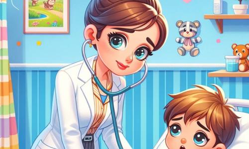 Dr. Emily is a woman in her thirties with brown hair tied in a bun, wearing a bright white coat. Her face radiates compassion and determination, with kind, sparkling eyes. She is leaning over a young boy, Jack, about 8 years old, with messy blonde hair and a worried expression. Jack is lying on a hospital bed surrounded by colorful patterned sheets, holding Dr. Emily's hand with a look of trust. The setting is a bright hospital room, decorated with light blue walls featuring cheerful animal drawings and floating clouds. Toys are scattered on a nearby table, adding warmth to the medical environment. The main scene shows Dr. Emily reassuring Jack, who has a high fever. She gently explains what is happening while holding a stethoscope in one hand and a thermometer in the other, as nurses bustle around them, creating an atmosphere of care and support.